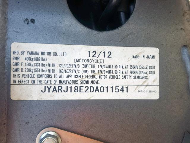 JYARJ18E2DA011541 - 2013 YAMAHA FZ6 R BLUE photo 10