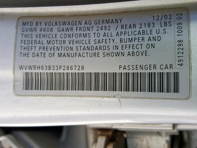 WVWRH63B33P286728 - 2003 VOLKSWAGEN PASSAT GLX 银色 照片 10
