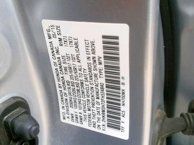 2HKRM3H72FH534840 - 2015 HONDA CR-V EXL SILVER photo 10