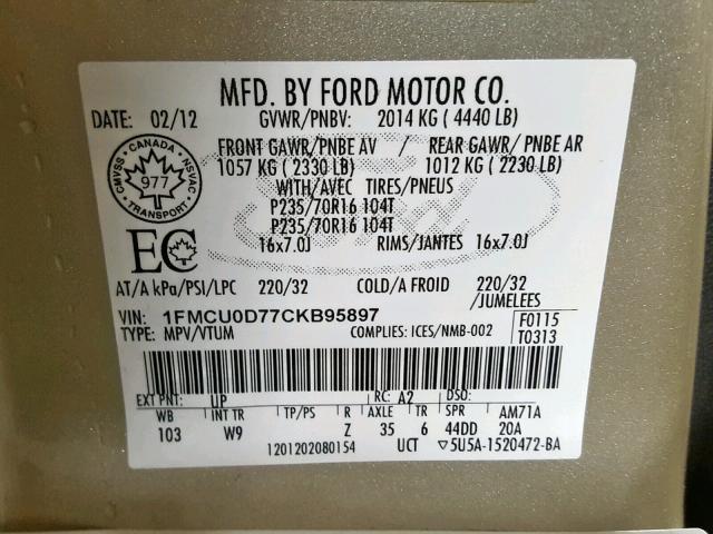 1FMCU0D77CKB95897 - 2012 FORD ESCAPE XLT SILVER photo 10