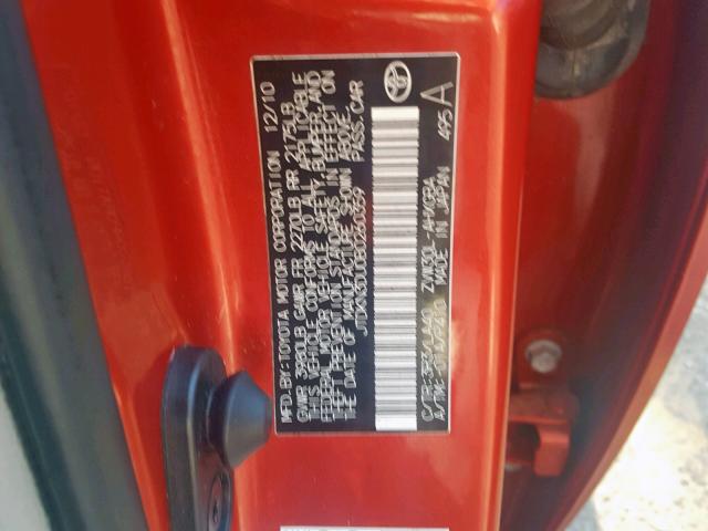 JTDKN3DU0B0260359 - 2011 TOYOTA PRIUS RED photo 10