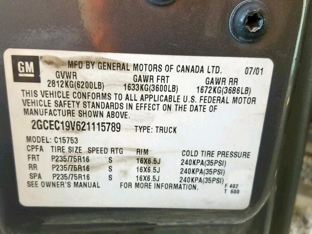 2GCEC19V621115789 - 2002 CHEVROLET SILVERADO GRAY photo 10