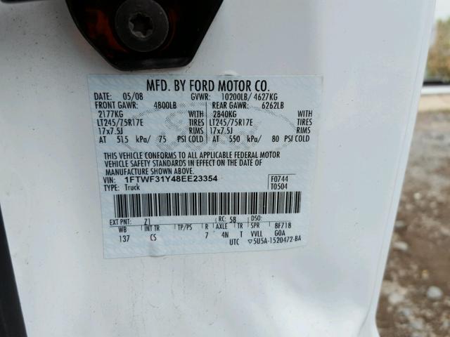 1FTWF31Y48EE23354 - 2008 FORD F350 SRW S WHITE photo 10