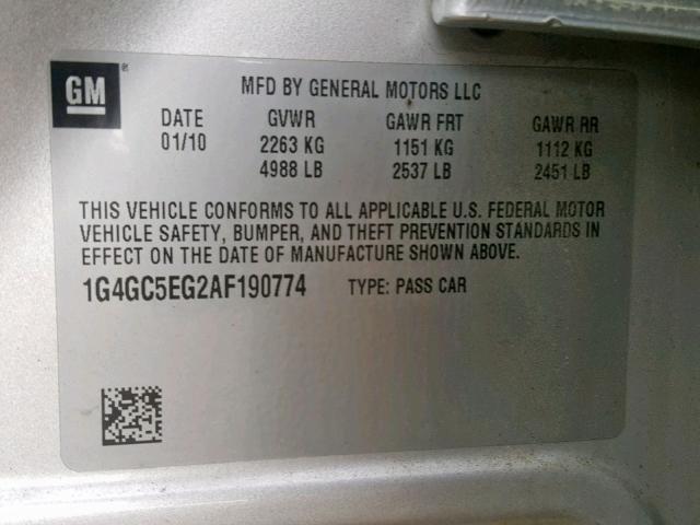 1G4GC5EG2AF190774 - 2010 BUICK LACROSSE C SILVER photo 10