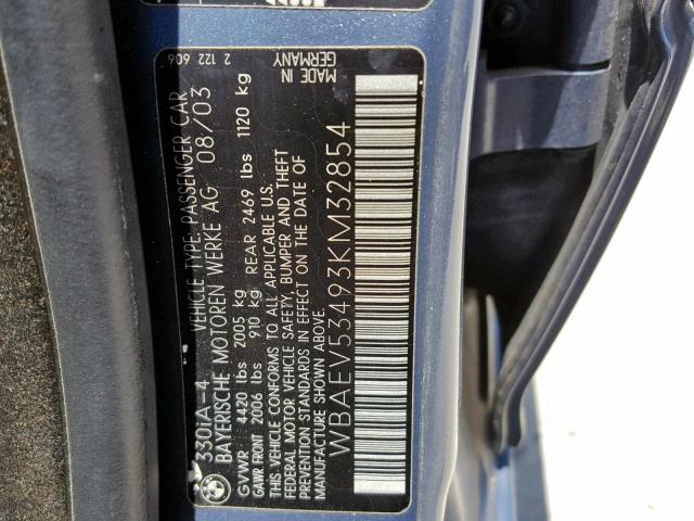 WBAEV53493KM32854 - 2003 BMW 330 I BLUE photo 10