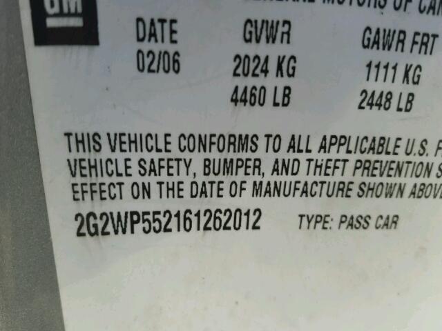 2G2WP552161262012 - 2006 PONTIAC GRAND PRIX SILVER photo 10