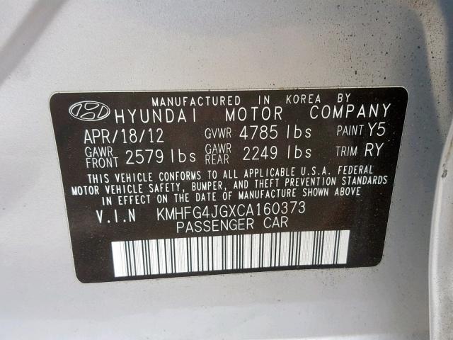 KMHFG4JGXCA160373 - 2012 HYUNDAI AZERA GLS SILVER photo 10