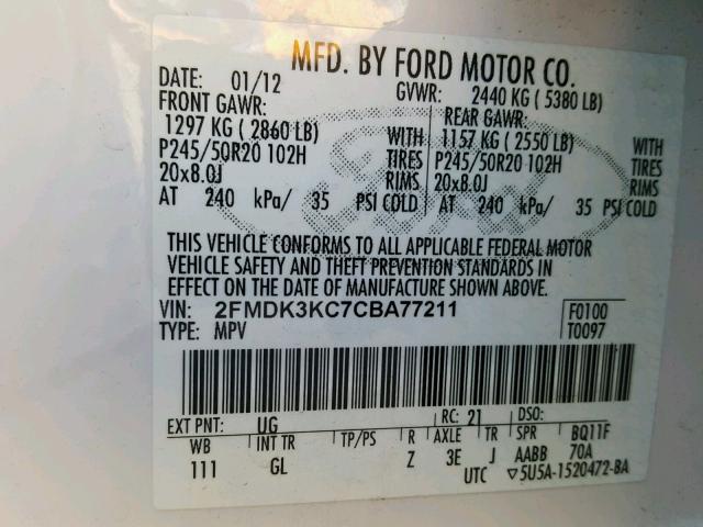 2FMDK3KC7CBA77211 - 2012 FORD EDGE LIMIT WHITE photo 10