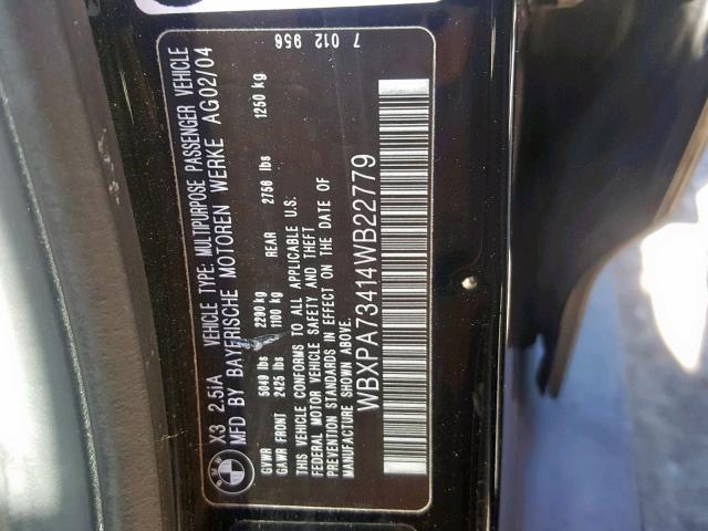 WBXPA73414WB22779 - 2004 BMW X3 2.5I BLACK photo 10