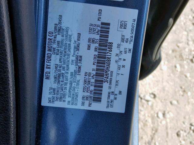 3FAHP0HA0BR176888 - 2011 FORD FUSION SE BLUE photo 10