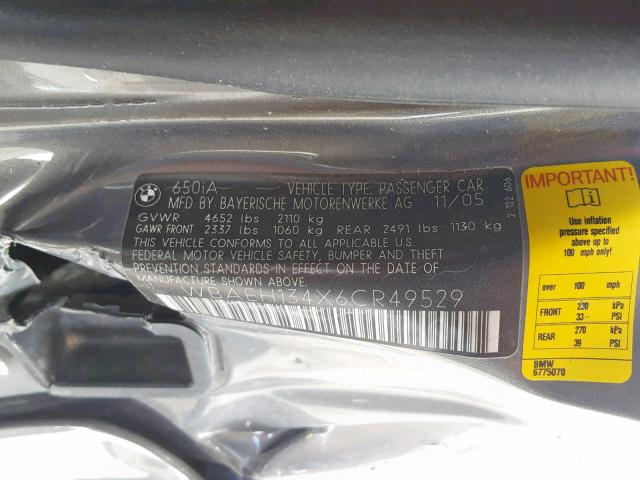 WBAEH134X6CR49529 - 2006 BMW 650 I GRAY photo 10