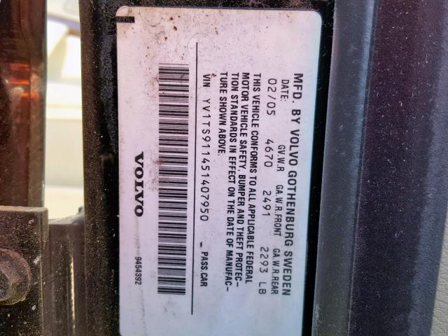 YV1TS911451407950 - 2005 VOLVO S80 T6 TUR BLACK photo 10