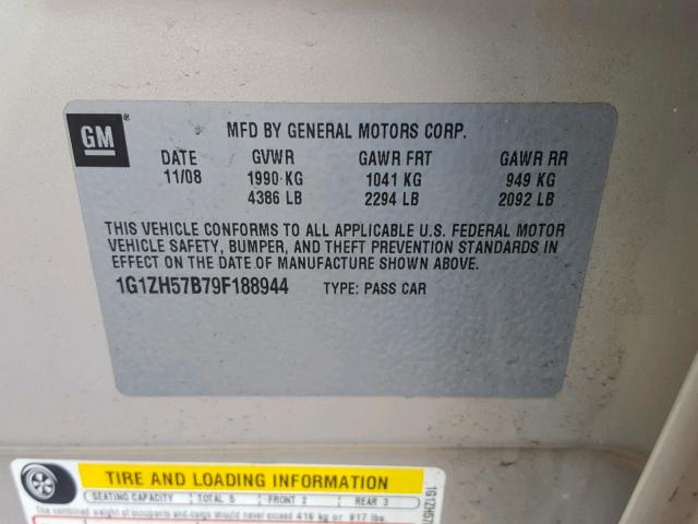 1G1ZH57B79F188944 - 2009 CHEVROLET MALIBU 1LT GOLD photo 10