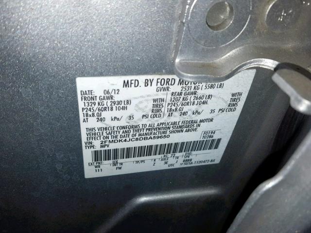 2FMDK4JC8DBA59650 - 2013 FORD EDGE SEL SILVER photo 10