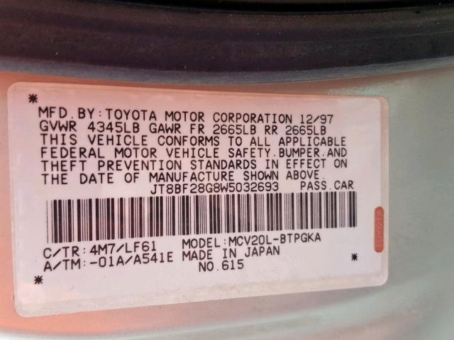 JT8BF28G8W5032693 - 1998 LEXUS ES 300 SILVER photo 10