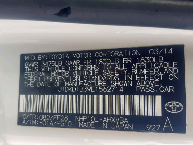 JTDKDTB39E1562714 - 2014 TOYOTA PRIUS C WHITE photo 10