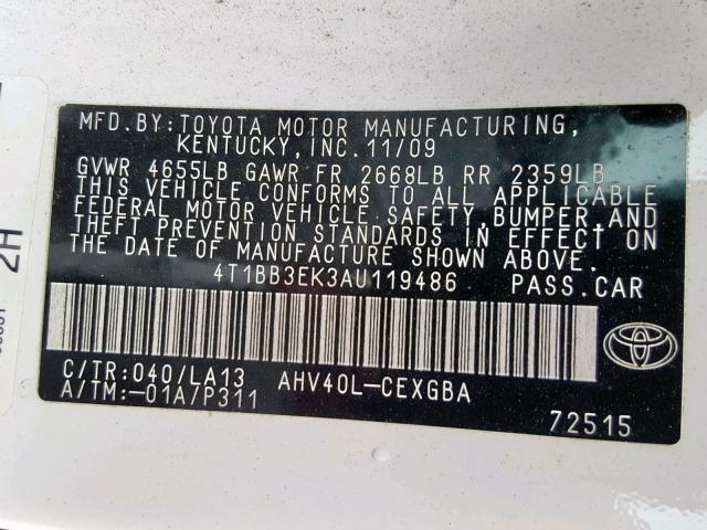 4T1BB3EK3AU119486 - 2010 TOYOTA CAMRY HYBR WHITE photo 10