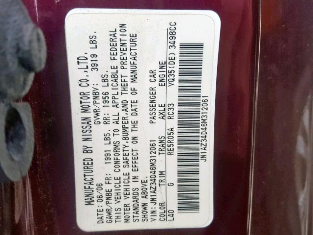 JN1AZ34D46M312061 - 2006 NISSAN 350Z COUPE MAROON photo 10