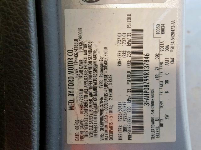 3FAHP08Z99R137846 - 2009 FORD FUSION SEL SILVER photo 10