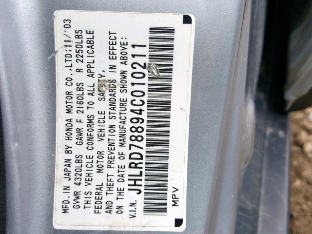 JHLRD78894C010211 - 2004 HONDA CR-V EX SILVER photo 10