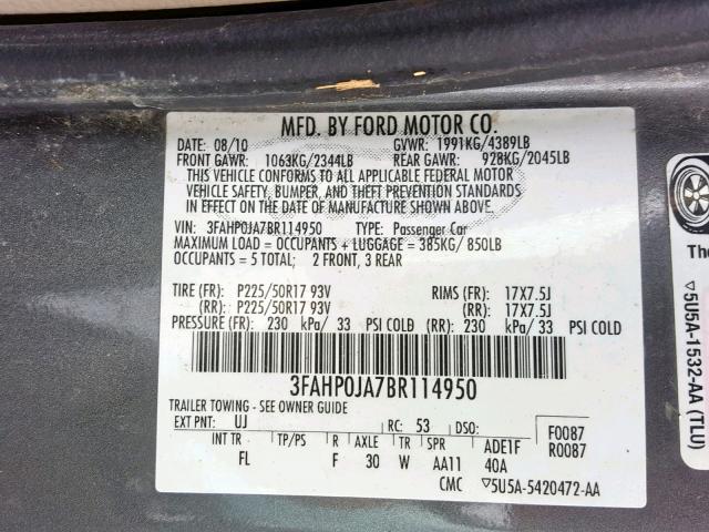 3FAHP0JA7BR114950 - 2011 FORD FUSION SEL CHARCOAL photo 10