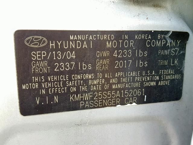 KMHWF25S55A152061 - 2005 HYUNDAI SONATA GL SILVER photo 10