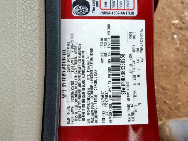 3FAHP08Z08R250258 - 2008 FORD FUSION SEL RED photo 10