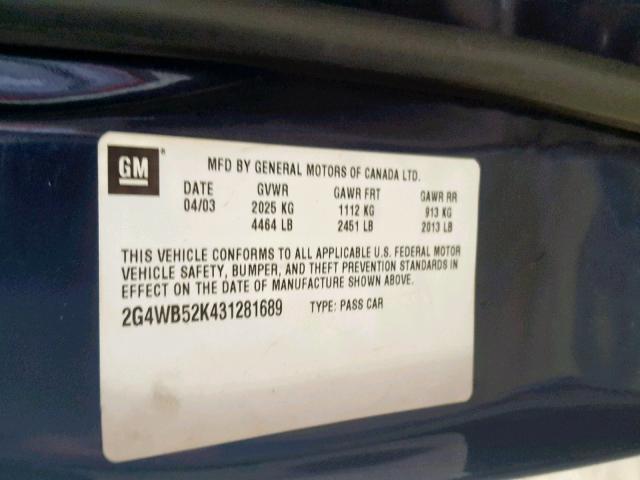 2G4WB52K431281689 - 2003 BUICK REGAL LS BLUE photo 10