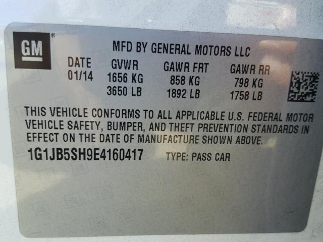 1G1JB5SH9E4160417 - 2014 CHEVROLET SONIC LS 白色 照片 10