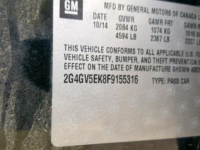 2G4GV5EK8F9155316 - 2015 BUICK REGAL BLACK photo 10