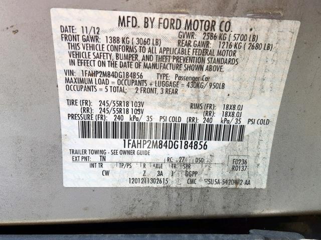 1FAHP2M84DG184856 - 2013 FORD TAURUS POL SILVER photo 10