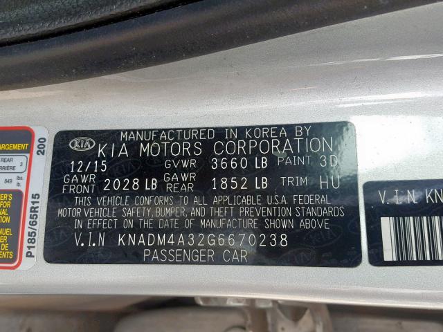 KNADM4A32G6670238 - 2016 KIA RIO LX SILVER photo 10