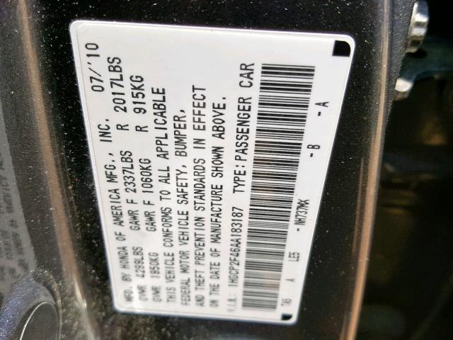 1HGCP2F46AA183187 - 2010 HONDA ACCORD LXP GRAY photo 10