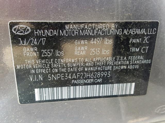 5NPE34AF2JH628993 - 2018 HYUNDAI SONATA SPO GRAY photo 10