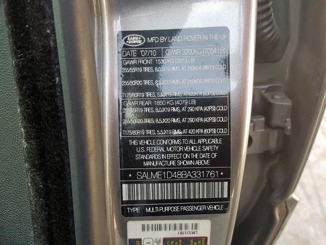 SALME1D48BA331761 - 2011 LAND ROVER RANGE ROVE GRAY photo 10