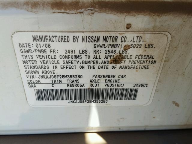 JNKAJ09F28M355280 - 2008 INFINITI EX35 BASE WHITE photo 10