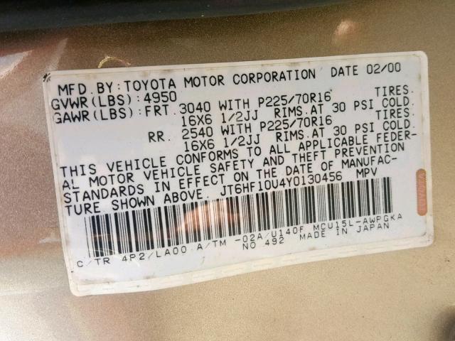 JT6HF10U4Y0130456 - 2000 LEXUS RX 300 GOLD photo 10