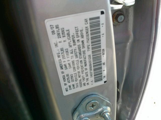 1HGCP36848A001246 - 2008 HONDA ACCORD EXL SILVER photo 10