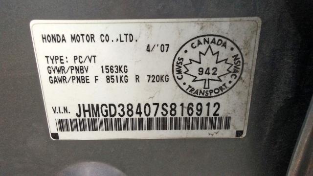 JHMGD38407S816912 - 2007 HONDA FIT GRAY photo 10