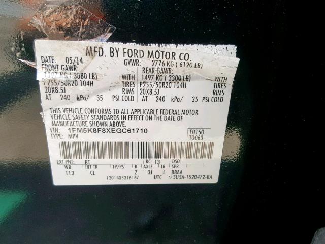 1FM5K8F8XEGC61710 - 2014 FORD EXPLORER L BLACK photo 10