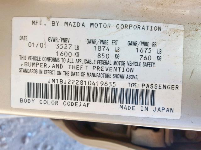 JM1BJ222810419635 - 2001 MAZDA PROTEGE DX TAN photo 10