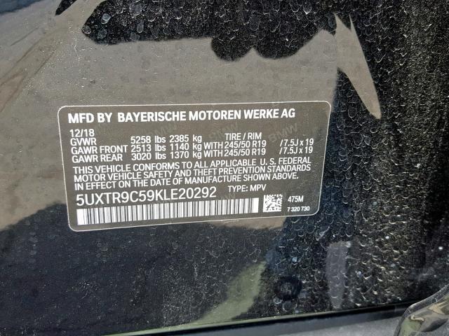 5UXTR9C59KLE20292 - 2019 BMW X3 XDRIVE3 BLACK photo 10