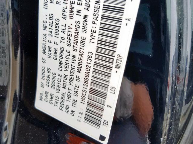 1HGCS12869A021363 - 2009 HONDA ACCORD EXL BLACK photo 10