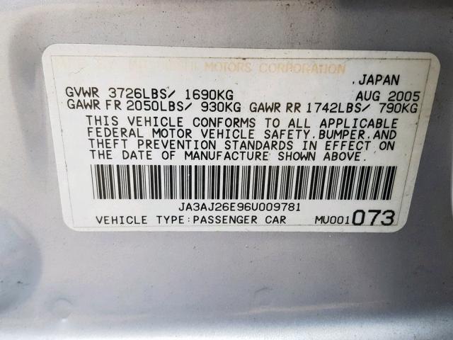 JA3AJ26E96U009781 - 2006 MITSUBISHI LANCER ES SILVER photo 10