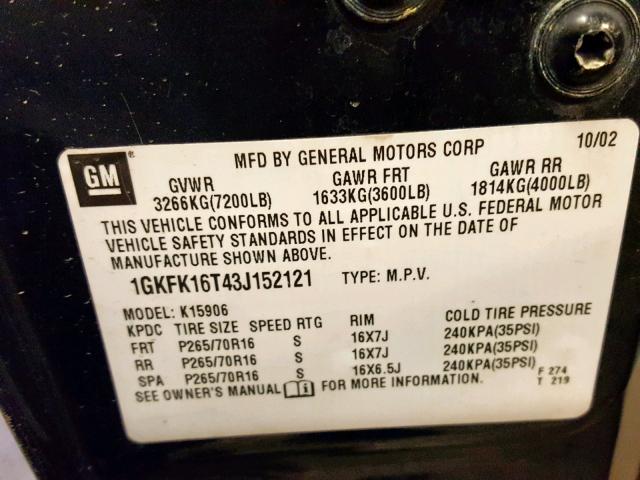 1GKFK16T43J152121 - 2003 GMC YUKON XL K GRAY photo 10