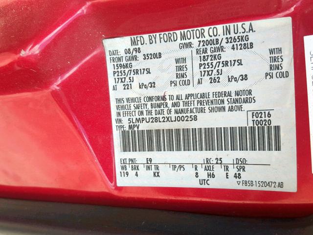 5LMPU28L2XLJ00258 - 1999 LINCOLN NAVIGATOR 红色 照片 10