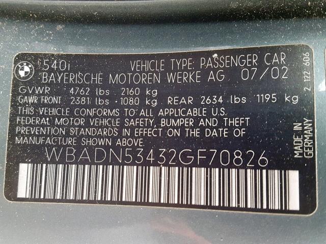 WBADN53432GF70826 - 2002 BMW 540 I GRAY photo 10