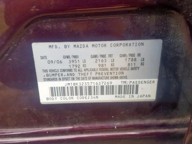 JM1BK323571637269 - 2007 MAZDA 3 S PURPLE photo 10