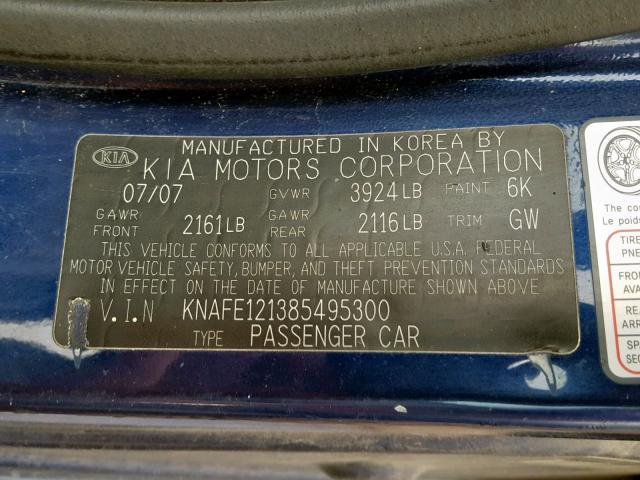 KNAFE121385495300 - 2008 KIA SPECTRA EX BLUE photo 10