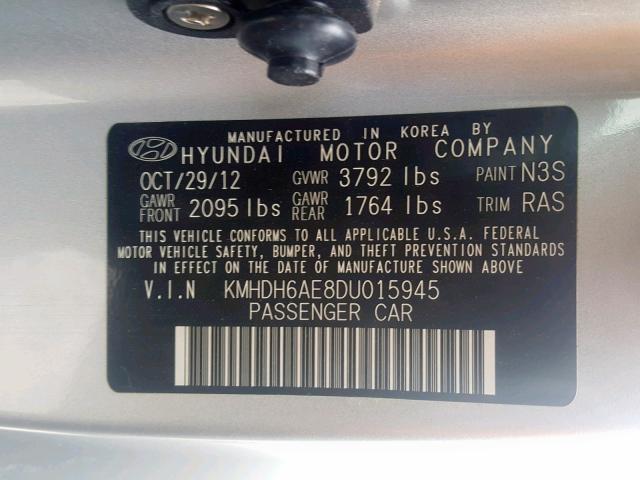 KMHDH6AE8DU015945 - 2013 HYUNDAI ELANTRA CO SILVER photo 10